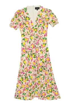 Pink silk lemon print puff sleeve A-line tea dress with gathered bodice
