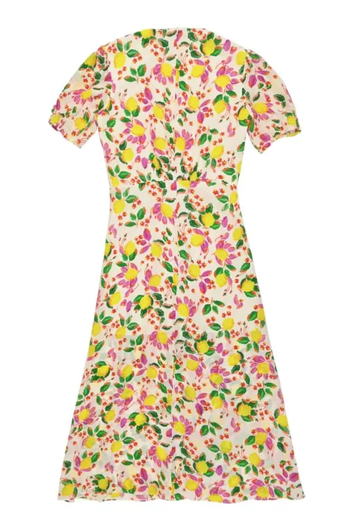 Pink silk lemon print puff sleeve A-line tea dress with gathered bodice