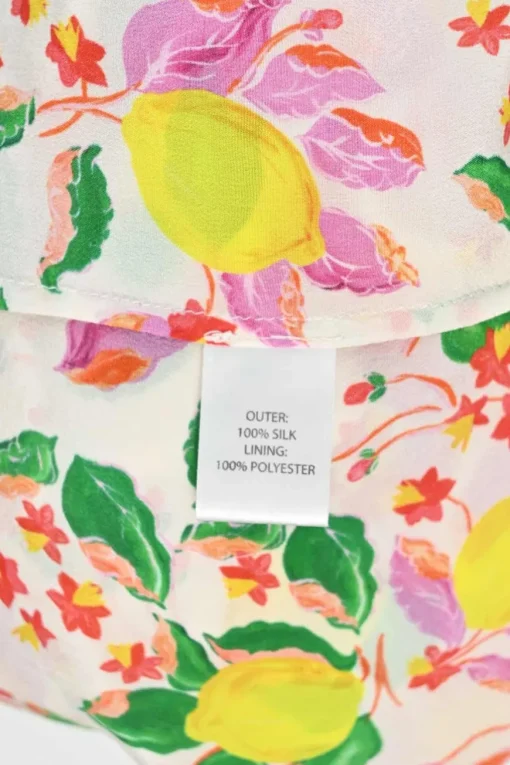 Pink silk lemon print puff sleeve A-line tea dress with gathered bodice