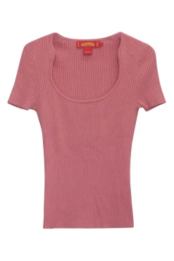 Pink silk rib scoop neck pullover short sleeve knit top