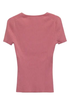 Pink silk rib scoop neck pullover short sleeve knit top