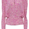 Pink silk-blend abstract graphic print Zarga gathered long sleeve keyhole blouse