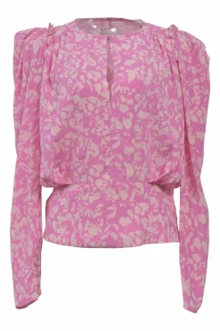 Pink silk-blend abstract graphic print Zarga gathered long sleeve keyhole blouse