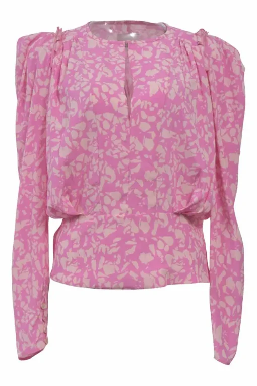 Pink silk-blend abstract graphic print Zarga gathered long sleeve keyhole blouse