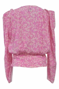 Pink silk-blend abstract graphic print Zarga gathered long sleeve keyhole blouse