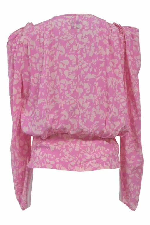 Pink silk-blend abstract graphic print Zarga gathered long sleeve keyhole blouse