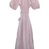 Pink silk-blend Capucine puff sleeve open-back A-line midi dress with waist ribbon tie