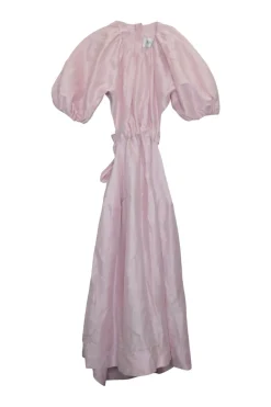 Pink silk-blend Capucine puff sleeve open-back A-line midi dress with waist ribbon tie