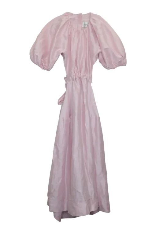 Pink silk-blend Capucine puff sleeve open-back A-line midi dress with waist ribbon tie