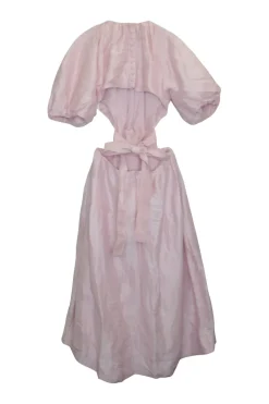 Pink silk-blend Capucine puff sleeve open-back A-line midi dress with waist ribbon tie