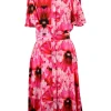 Pink silk Exotic Floral print tea dress