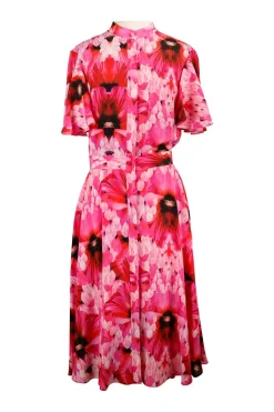 Pink silk Exotic Floral print tea dress