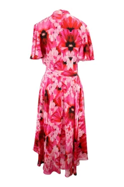 Pink silk Exotic Floral print tea dress
