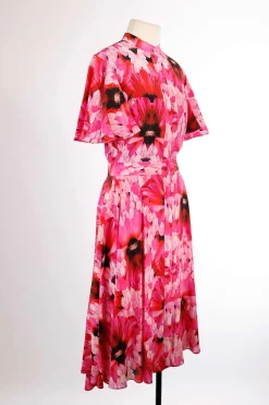 Pink silk Exotic Floral print tea dress