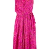 Pink sleeveless wrap mini dress with yellow red floral patterns