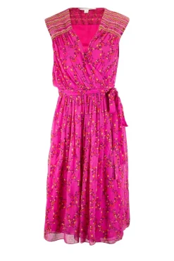 Pink sleeveless wrap mini dress with yellow red floral patterns