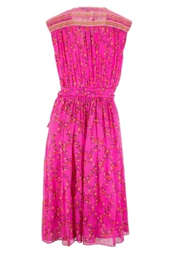 Pink sleeveless wrap mini dress with yellow red floral patterns
