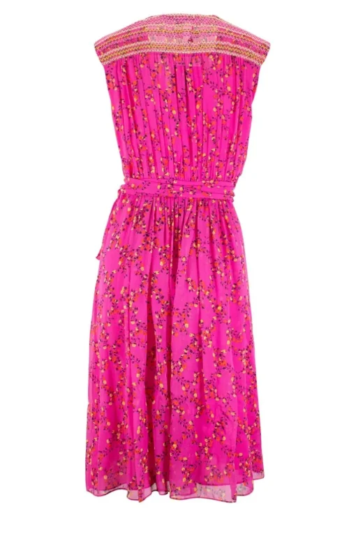 Pink sleeveless wrap mini dress with yellow red floral patterns