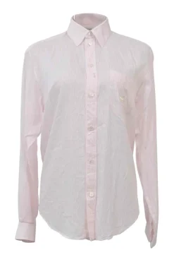 Pink striped cotton-lyocell button-front shirt with embroidered chest patch pocket