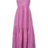 Pink tiered linen criss-cross racerback midi sun dress with gathered ribbon-tie cutout back and godet hem