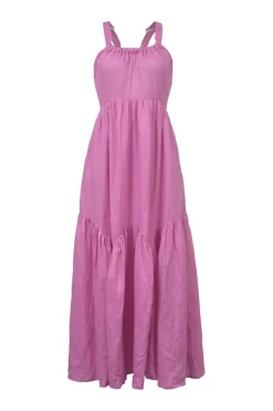 Pink tiered linen criss-cross racerback midi sun dress with gathered ribbon-tie cutout back and godet hem