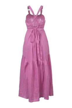 Pink tiered linen criss-cross racerback midi sun dress with gathered ribbon-tie cutout back and godet hem