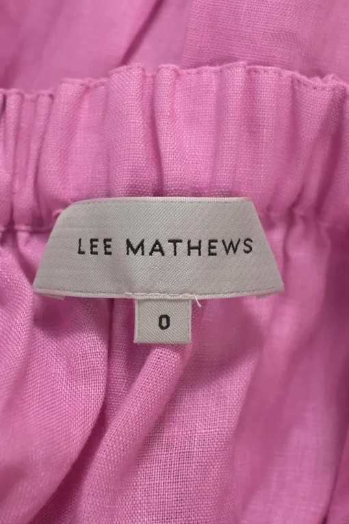 Pink tiered linen criss-cross racerback midi sun dress with gathered ribbon-tie cutout back and godet hem