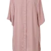 Pink viscose challis oversized classic collar button-front shirt dress with vented high-low hem