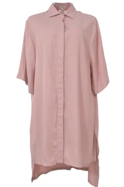 Pink viscose challis oversized classic collar button-front shirt dress with vented high-low hem