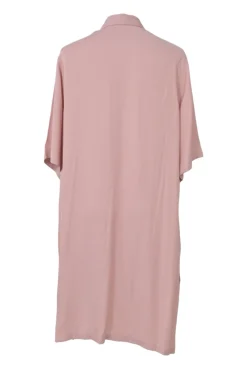 Pink viscose challis oversized classic collar button-front shirt dress with vented high-low hem