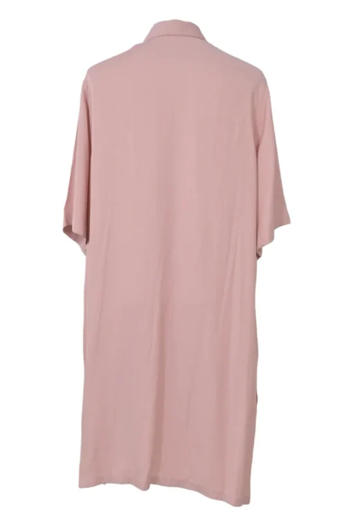 Pink viscose challis oversized classic collar button-front shirt dress with vented high-low hem