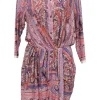 Pink viscose-blend abstract paisley border print half-button blouson dress with gathered bodice and sarong-style skirt