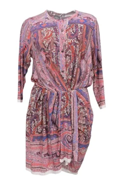 Pink viscose-blend abstract paisley border print half-button blouson dress with gathered bodice and sarong-style skirt