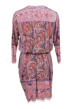Pink viscose-blend abstract paisley border print half-button blouson dress with gathered bodice and sarong-style skirt