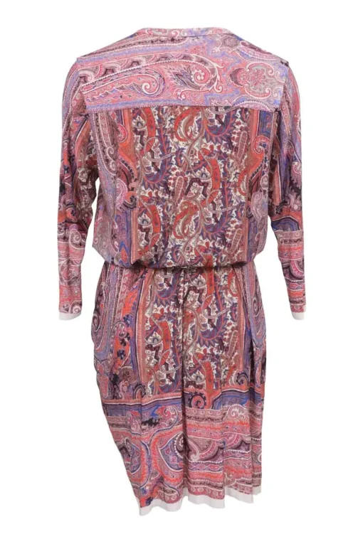 Pink viscose-blend abstract paisley border print half-button blouson dress with gathered bodice and sarong-style skirt