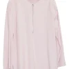 Pink viscose-blend crêpe pullover half-zip long sleeve blouse