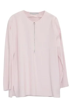 Pink viscose-blend crêpe pullover half-zip long sleeve blouse