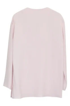 Pink viscose-blend crêpe pullover half-zip long sleeve blouse