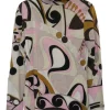 Pink wool funnel collar long sleeve knit top featuring abstract graphic intarsia motif