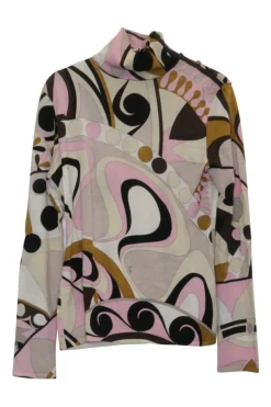 Pink wool funnel collar long sleeve knit top featuring abstract graphic intarsia motif