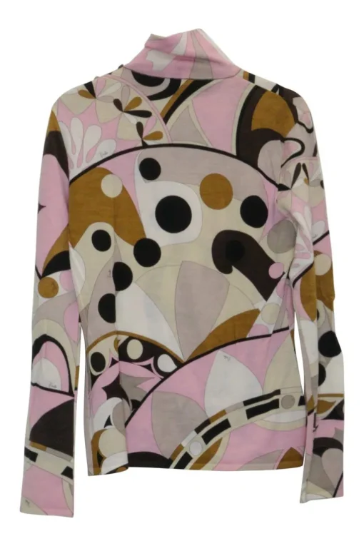 Pink wool funnel collar long sleeve knit top featuring abstract graphic intarsia motif