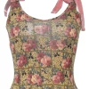 Pink wool-blend floral print jersey knit camisole with contrasting velvet ribbon tie straps