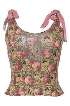 Pink wool-blend floral print jersey knit camisole with contrasting velvet ribbon tie straps