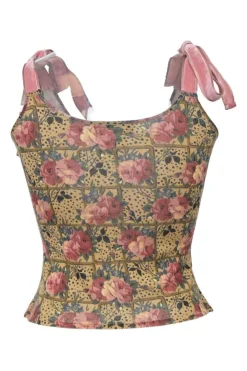 Pink wool-blend floral print jersey knit camisole with contrasting velvet ribbon tie straps