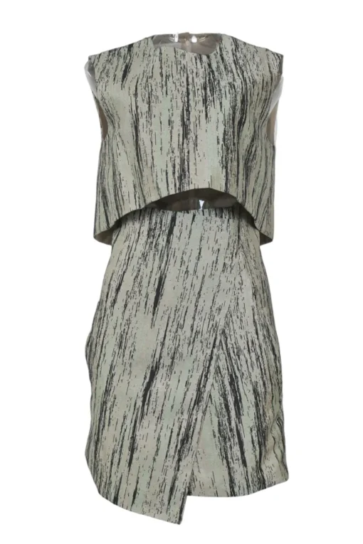 Pistacchio cotton-silk blend bark jacquard sleeveless bi-layer effect A-line mini dress with wrap-front skirt