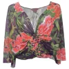 Plum bias-cut nylon floral print plunge neck blouse with lattice woven detail at centre front