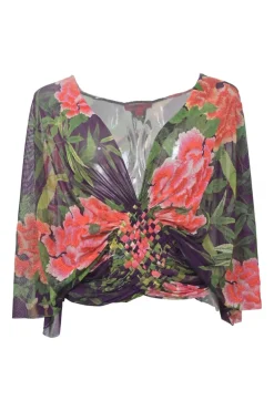 Plum bias-cut nylon floral print plunge neck blouse with lattice woven detail at centre front