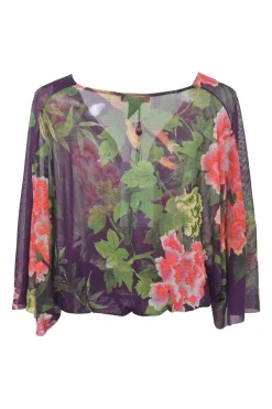 Plum bias-cut nylon floral print plunge neck blouse with lattice woven detail at centre front