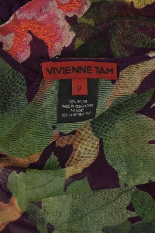 Plum bias-cut nylon floral print plunge neck blouse with lattice woven detail at centre front