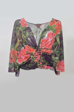 Plum bias-cut nylon floral print plunge neck blouse with lattice woven detail at centre front